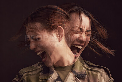 Buy stock photo PTSD, depression and military woman with mental health problem, horror screaming and stress from war on black background in studio. Bipolar, anxiety and face of soldier with trauma, scared and angry
