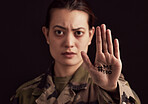 Military woman, hand and hashtag me too against abuse or rape on black studio background. Face portrait, victim and army female from Ukraine standing against sexual abuse, violence or harassment.