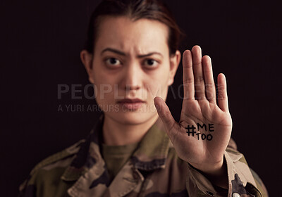 Buy stock photo Military woman, hand and hashtag me too against abuse or rape on black studio background. Face portrait, victim and army female from Ukraine standing against sexual abuse, violence or harassment.