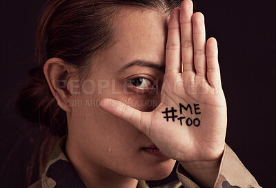 Buy stock photo Hands, me too and woman in studio for abuse, ptsd and rape against a black background mockup. Portrait, girl and victim with hashtag hand sign suffering fear, sad and trauma, scared and violence