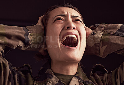 Buy stock photo PTSD, crying and trauma with a woman soldier shouting or screaming in studio on a dark background. Scream, grief and tears with a young army female suffering from military memories of war or pain