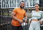 Friends, fitness and workout portrait at bridge for water drink break in city of Chicago, USA. Wellness, exercise and black people on running rest together with hydration, happiness and smile.