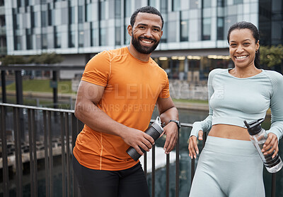 Buy stock photo Friends, fitness and workout portrait at bridge for water drink break in city of Chicago, USA. Wellness, exercise and black people on running rest together with hydration, happiness and smile.