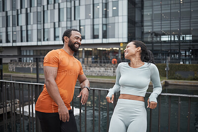 Buy stock photo Fitness, running and couple of friends happy in the city ready for sports, workout and exercise. Runner, training and smile of athlete people together on a break for wellness, health and happiness