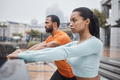 Buy stock photo Fitness, runner and couple stretching in city for workout and health mindset preparation in Chicago, USA. Focused people warm up stretch for urban running, exercise and endurance together.