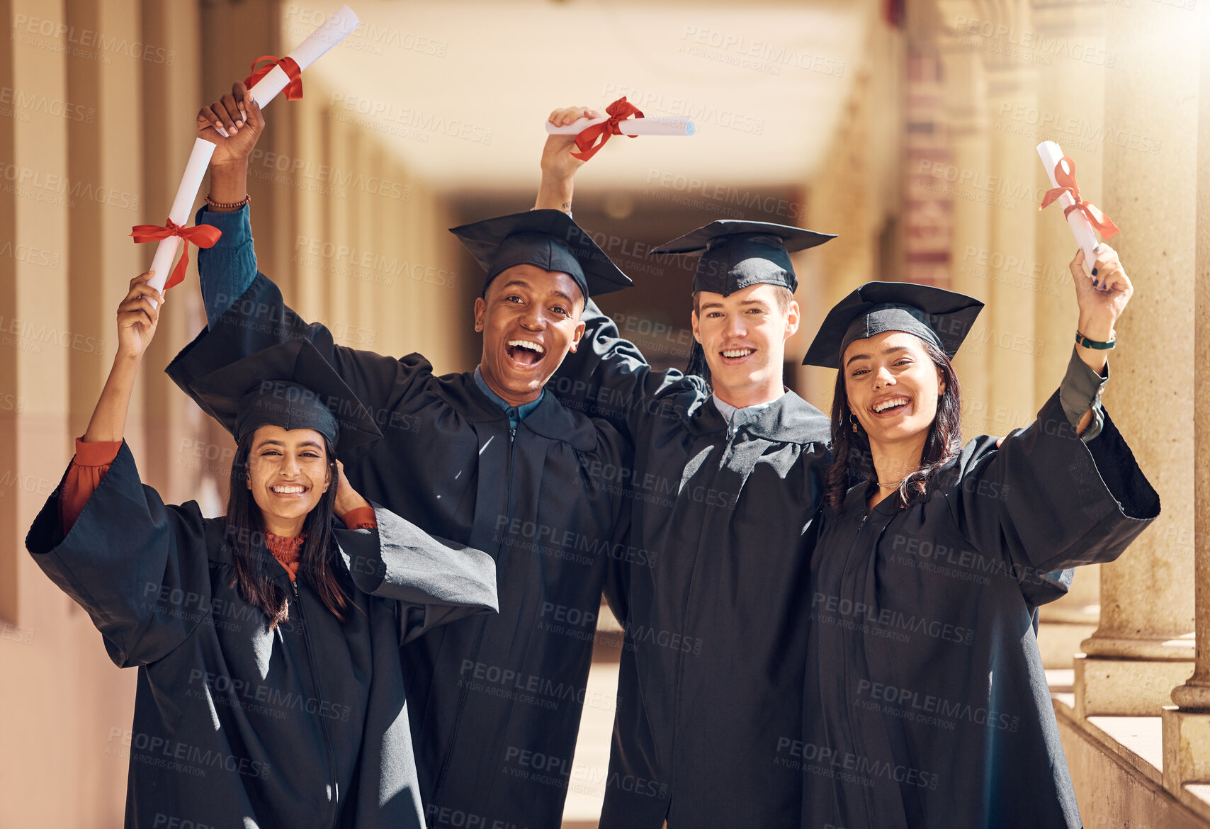 Buy stock photo Students, hands up or graduation success with diploma paper, certificate documents or degree in school diversity, university or college campus. Portrait, smile or happy graduate friends, men or women