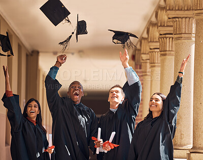 Buy stock photo College, friends and graduation success portrait with happy, excited and victory celebration. Interracial, winner and happiness of university students with educational milestone achievement.
