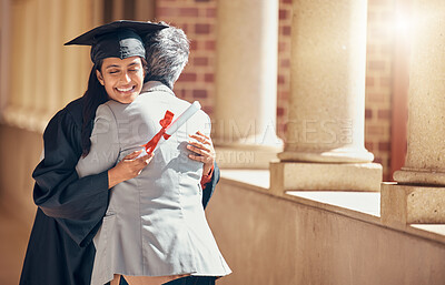 Buy stock photo Woman, graduation or hug for celebration, scholarship or higher education achievement. Female student, embrace or success for certificate, happy or learning completed at university, diploma or degree