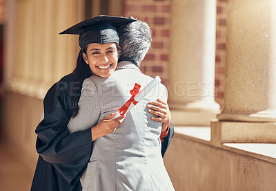 Buy stock photo Portrait, student and hug for graduation, success or higher education. Graduate, female and embrace for university, degree achievement or certificate with happiness, college diploma and smile in gown