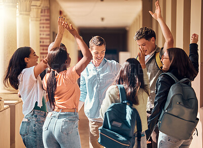 Buy stock photo Students, happy and dancing to celebrate on campus together for project success, interracial education and goal achievement. Diversity, group of college friends and study celebration or dance hands