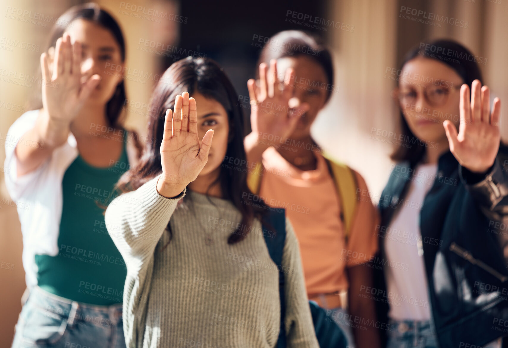 Buy stock photo Woman, student and hands in stop for protest, enough or team standing for human rights or women empowerment. Group of female students with raised hand in halt, unity or strike for safe education