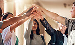 Support, team building and hands of students at college with collaboration, motivation and education success. Teamwork, happy and friends at university with solidarity, goals and mission on campus