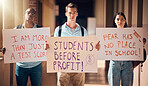 Students, protest and billboards for education at university for voice, sign or message at the campus. Student group protesting or strike with posters at school for better treatment, learning or care