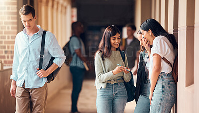 Buy stock photo University, hallway and group of students with phone laughing at social media, internet and online meme. Education, communication and friends at academy, college and campus networking on smartphone