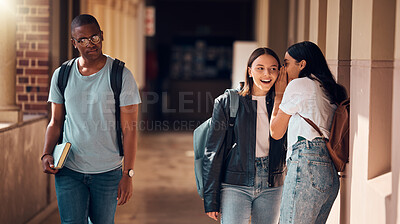 Buy stock photo Students, bullying and whisper to gossip in school about sad boy, racism victim and social outcast. Girls gossiping about depressed, lonely and young teenager with anxiety, depression and rejection 
