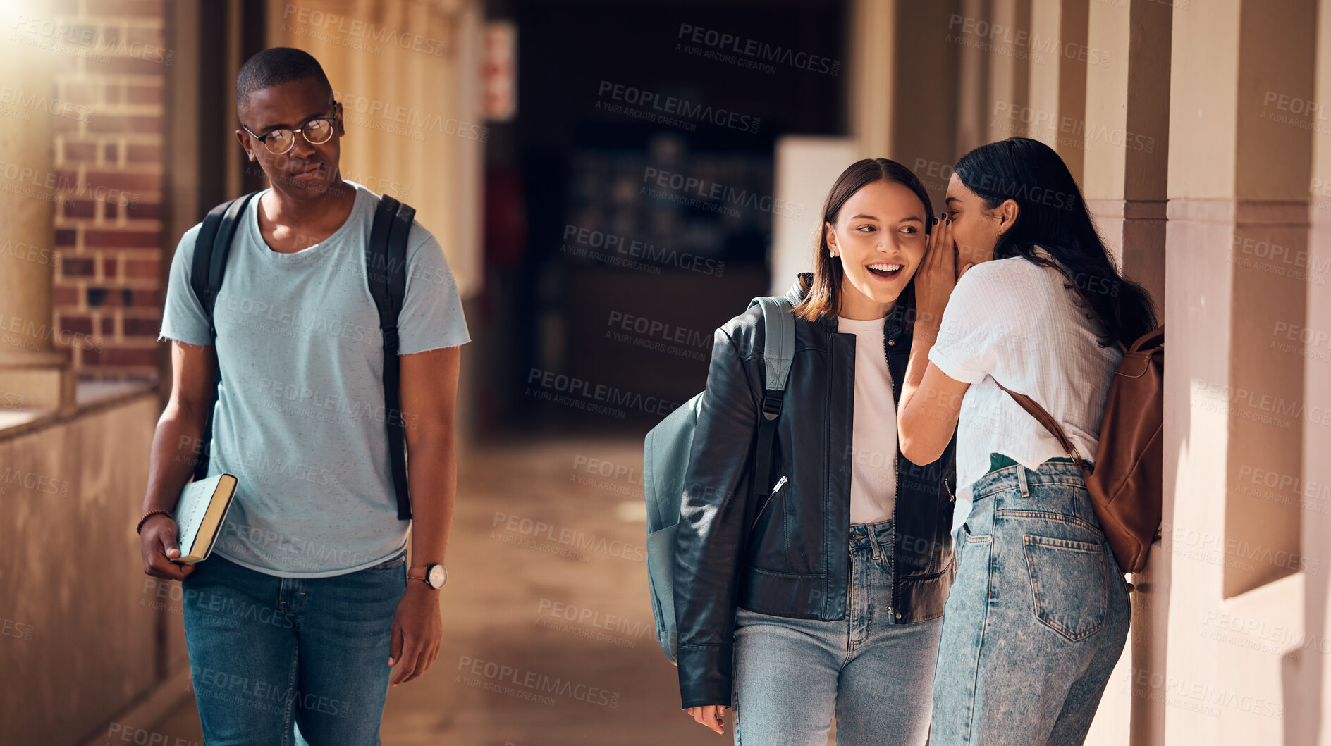 Buy stock photo Students, bullying and whisper to gossip in school about sad boy, racism victim and social outcast. Girls gossiping about depressed, lonely and young teenager with anxiety, depression and rejection 