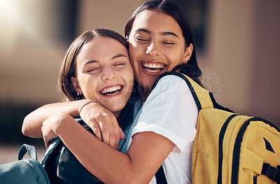 Buy stock photo Girls, bonding and fun hug on school, college or university campus for social gathering, exam pass celebration or congratulation success. Smile, happy friends and laughing students in embrace support