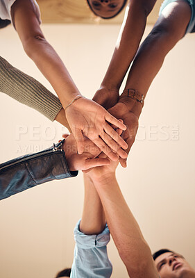 Buy stock photo Hands, business people and partnership for team, collaboration and agreement. Diversity, stack and teamwork for group project, support and solidarity for team building, motivation and community trust