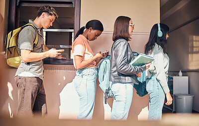 Buy stock photo College, university or students waiting for registration or scholarship applications outside of classroom. Education, campus or school learners standing in a line for a test assessment or group exam