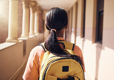 Buy stock photo College, backpack and education with black woman in hallway of school for learning, scholarship and future. Vision, goal and knowledge with university student on campus for study, class and academic