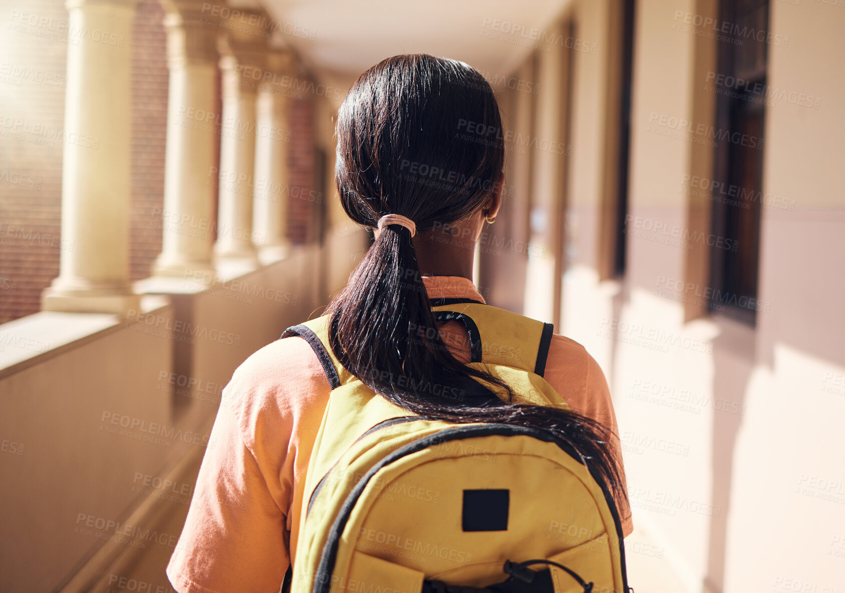 Buy stock photo College, backpack and education with black woman in hallway of school for learning, scholarship and future. Vision, goal and knowledge with university student on campus for study, class and academic