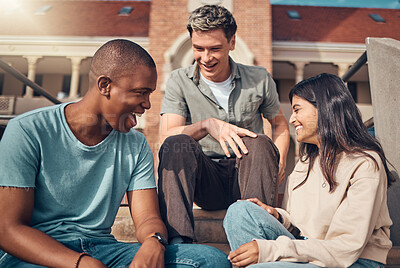Buy stock photo University, students and diversity friends laughing at campus building outdoor in break, happiness and fun together for education, studying and learning. Happy group of young people relax at college 