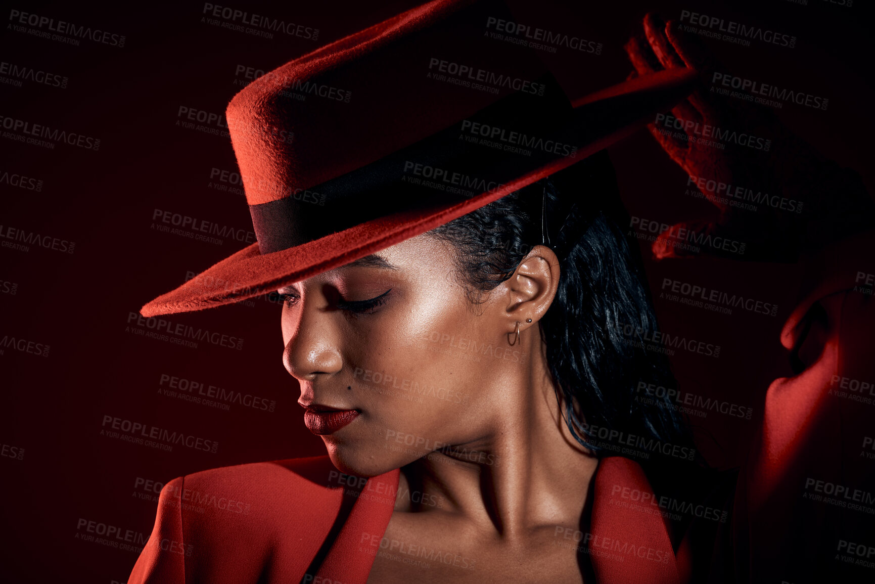 Buy stock photo Fashion, makeup and black woman in studio with attitude, power suit and wellness on a black background. Fashionable, girl and model with vintage, smart and elegant clothing posing with sexy aesthetic