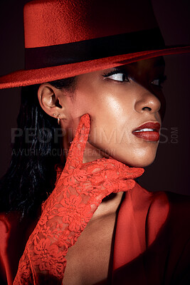 Buy stock photo Black woman, fashion and show performance of a model with red lace glove for designer brand. Creative, unique clothes and fashion model wearing retro, vintage power suit and cool aesthetic of girl