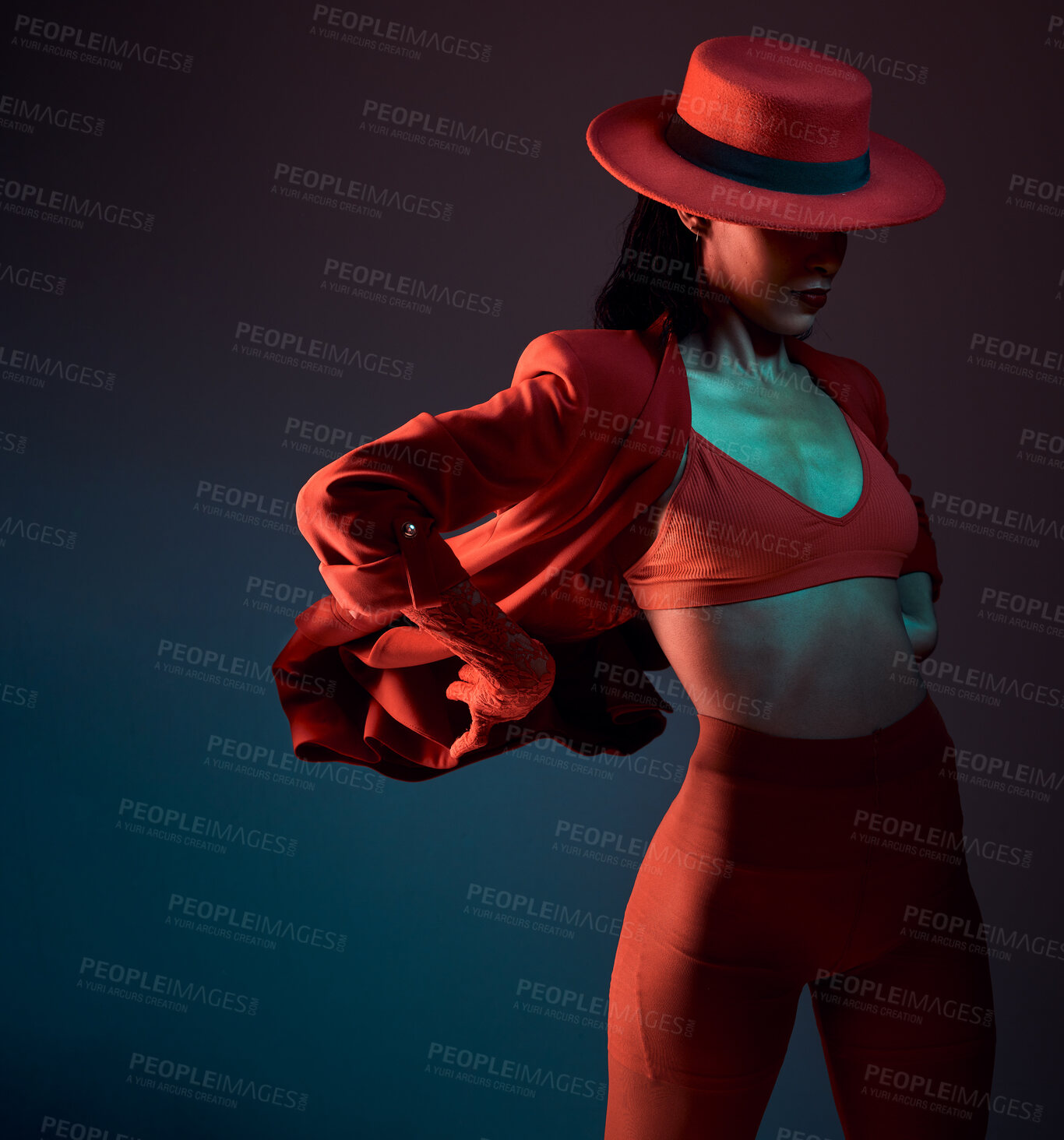 Buy stock photo Fashion, suit and woman in studio with retro, style and smart casual, edgy and creative pose on dark background mockup. Mystery, model and girl posing in power, confidence and vintage aesthetic