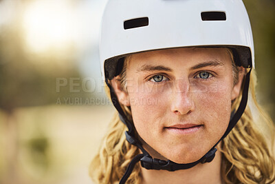 Buy stock photo Mountain biking, fitness and portrait of a man with a helmet in nature for safety, sports exercise and outdoor training for a race. Competition, motivation and face of a professional biker in a park