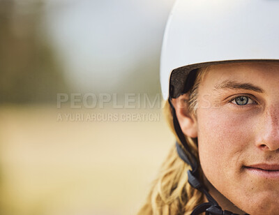 Buy stock photo Cycling, mountain biking and half face of a man training for a race, sports competition and fitness in nature of Australia. Moto exercise, biking and portrait of a professional biker and mockup space