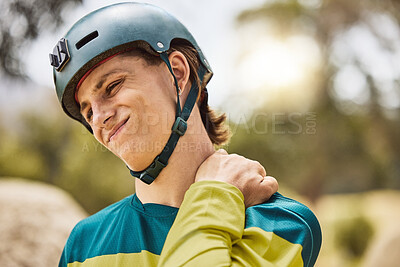 Buy stock photo Man cyclist with shoulder pain, injury or accident from sports training for a cycling race or marathon. Fitness, exercise and male athlete with a medical emergency, inflammation or muscle sprain.