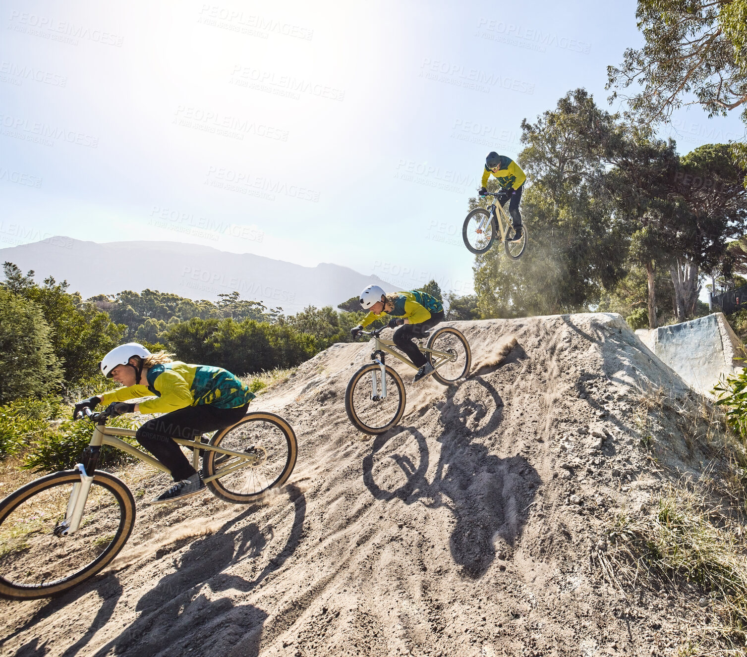 Buy stock photo Fitness, sport and cycling with bike and athlete, action and energy with extreme sports and travel, hill and speed with cyclist. Workout, training exercise outdoor and bicycle with safety helmet.