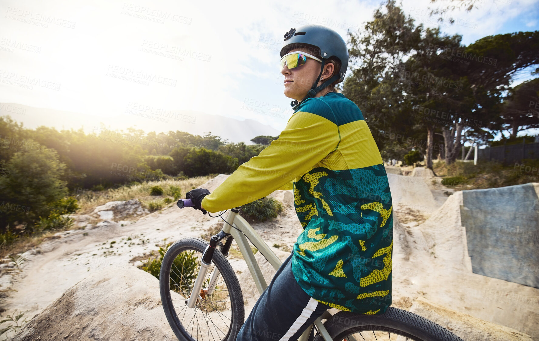 Buy stock photo Mountain bike, forest and sports man in gear for outdoor travel, journey or performance training with challenge, focus and vision. Bicycle, nature and cycling athlete thinking of competition goals