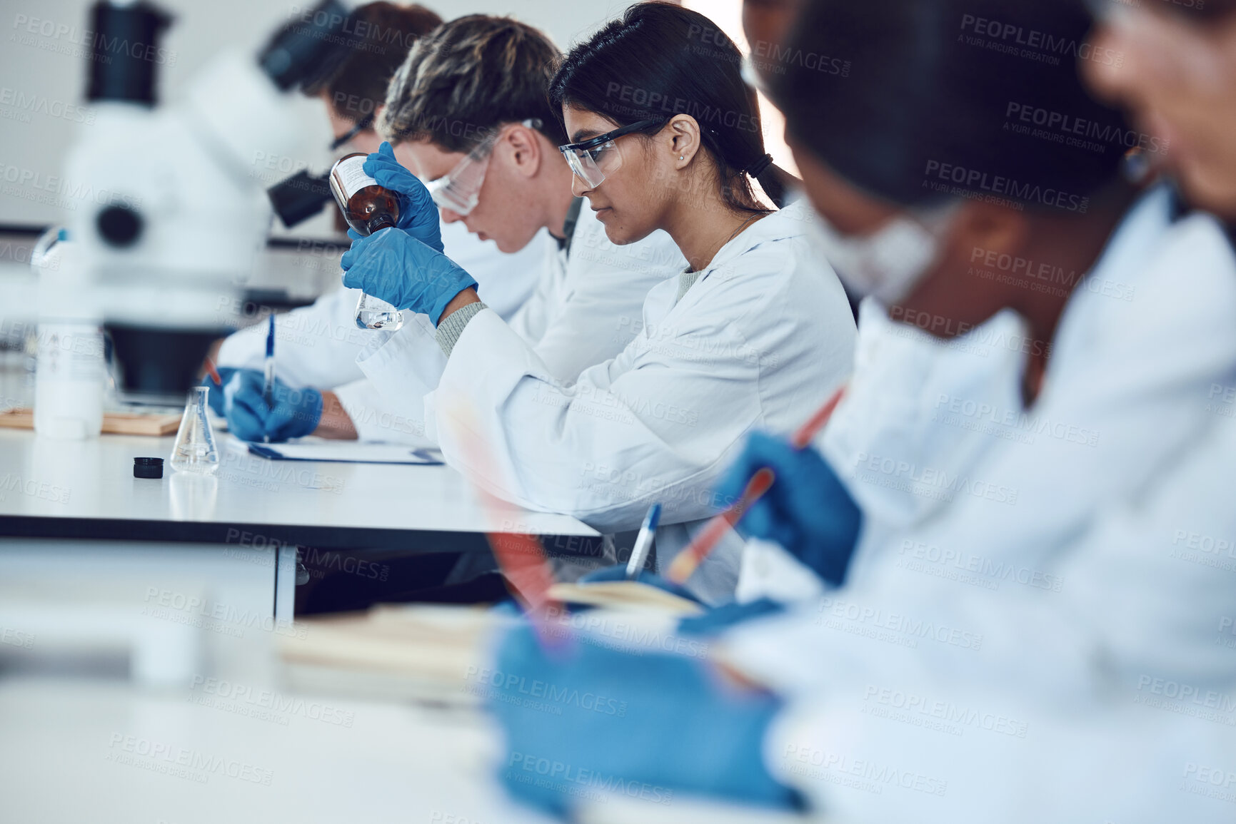 Buy stock photo Science, education with students in lab for experiment, learning to be scientist and university with innovation. Teaching, learn and focus with scholarship, research and study for scientific phd.