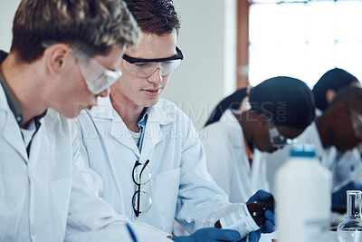 Buy stock photo Teamwork, education and science students in laboratory working together on analytics, medicine and research. Healthcare, university and learners in class to study biology, chemistry and biotechnology