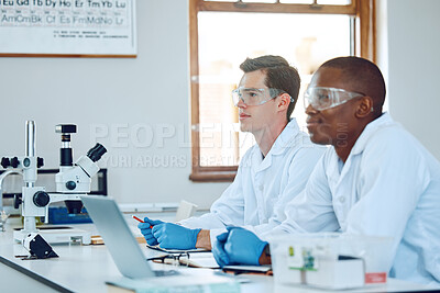 Buy stock photo Science students, laptop and university campus, class and learning or study in a lab. Innovative scientist, medical breakthrough and discovery in research laboratory, education or online technology
