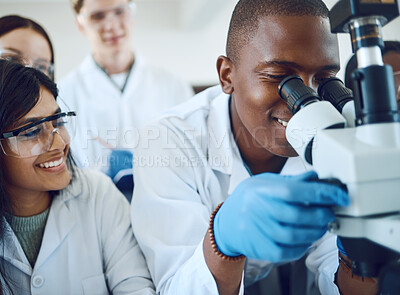 Buy stock photo Microscope, science and scientist team with study test for research, medicine innovation and biotechnology in healthcare. Pharmaceutical students in a laboratory working on bacteria or dna results