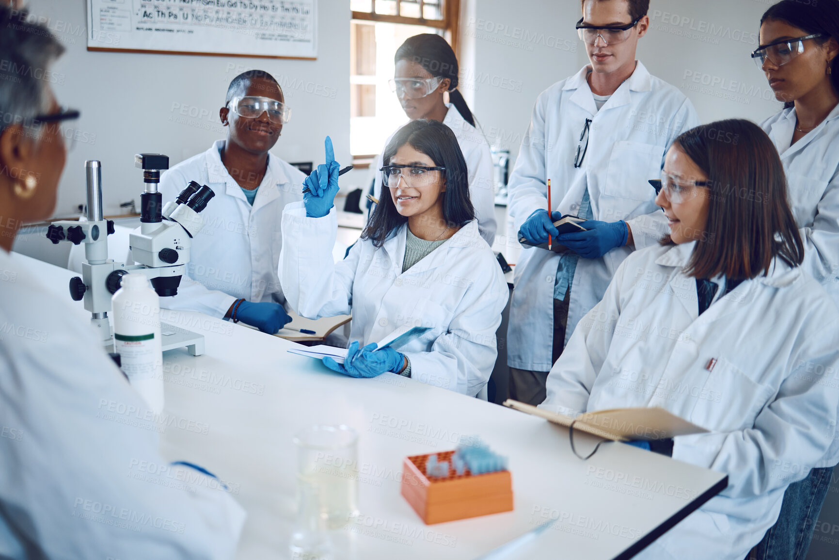 Buy stock photo Students, research and girl question in laboratory, class and studying healthcare. Scientist, young researchers or lecture for medical innovation, scientific methods and woman raise hand or education