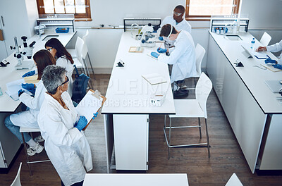 Buy stock photo Science, laboratory teacher and university students working on a chemical, pharmaceutical and medical exam. Student team, college and education group doing project with lab data and research test