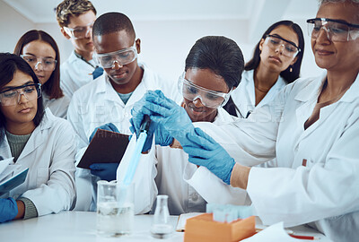 Buy stock photo Scientist, teacher or learning students and dropper in healthcare study, medical research or future medicine study. Smile, happy men or women in science laboratory and university education professor 