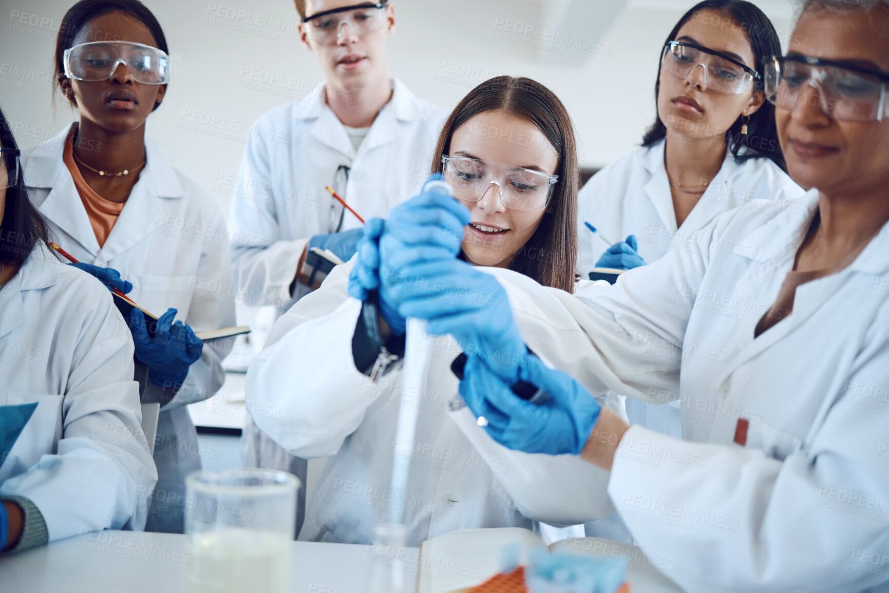 Buy stock photo Research, students and professor for medical innovation, laboratory or knowledge. Researcher, young people and female lecturer with scientific method for cure, healthcare and scientist with diagnosis