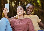 Black couple, phone and selfie with smile at outdoor nature park for travel, happiness and social media profile picture content update. Happy man and woman with 5g network connection on vacation date