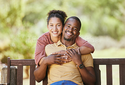 Buy stock photo Love, portrait and couple hug in a garden, happy and smile while sitting, relax and bond in nature. Face, black family and man with woman in a park, quality time and enjoying peaceful day in Mexico