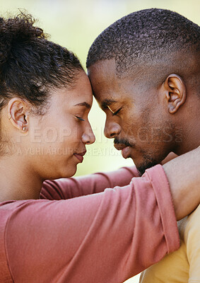 Black couple, content and peace with love and trust, forehead touch, profile and calm with relationship, embrace with support. Black woman, black man and commitment with hope and hug with care.
