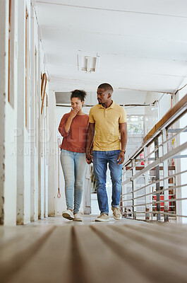 Buy stock photo Black couple, home inspection or renovation project in future development, family home or vision. Couple, house flipping or diy for old building, construction or investment for living in New Orleans