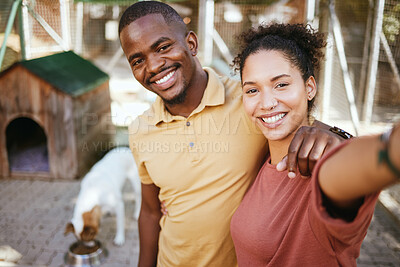 Buy stock photo Love, dog or couple of friends take a selfie at an animal shelter or adoption center for homeless dogs. Pets, face portrait or black woman with a fun black man taking pictures as a happy black couple