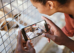 Phone, dog and animal shelter with a man and woman doing volunteer or charity work while bonding with a rescue puppy in a cage. Couple with pet picture on screen for social media for vet announcement