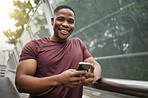 Smartphone, fitness and black man in portrait for wellness website, blog tips update or social media networking his workout results. Sports runner or athlete man using phone or cellphone in city park