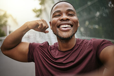 Buy stock photo Selfie, smile and fitness arm flex of a black man athlete ready for running, workout and exercise. Training, happy and runner man portrait with motivation for sport, wellness and muscle health 